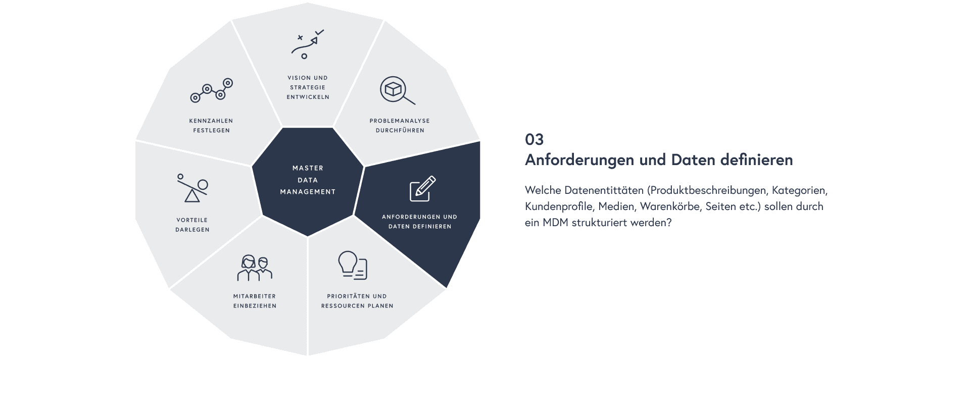 Anforderungen und Daten definieren: Welche Datenentittäten (Produktbeschreibungen, Kategorien, Kundenprofile, Medien, Warenkörbe, Seiten etc.) sollen durch ein MDM strukturiert werden?