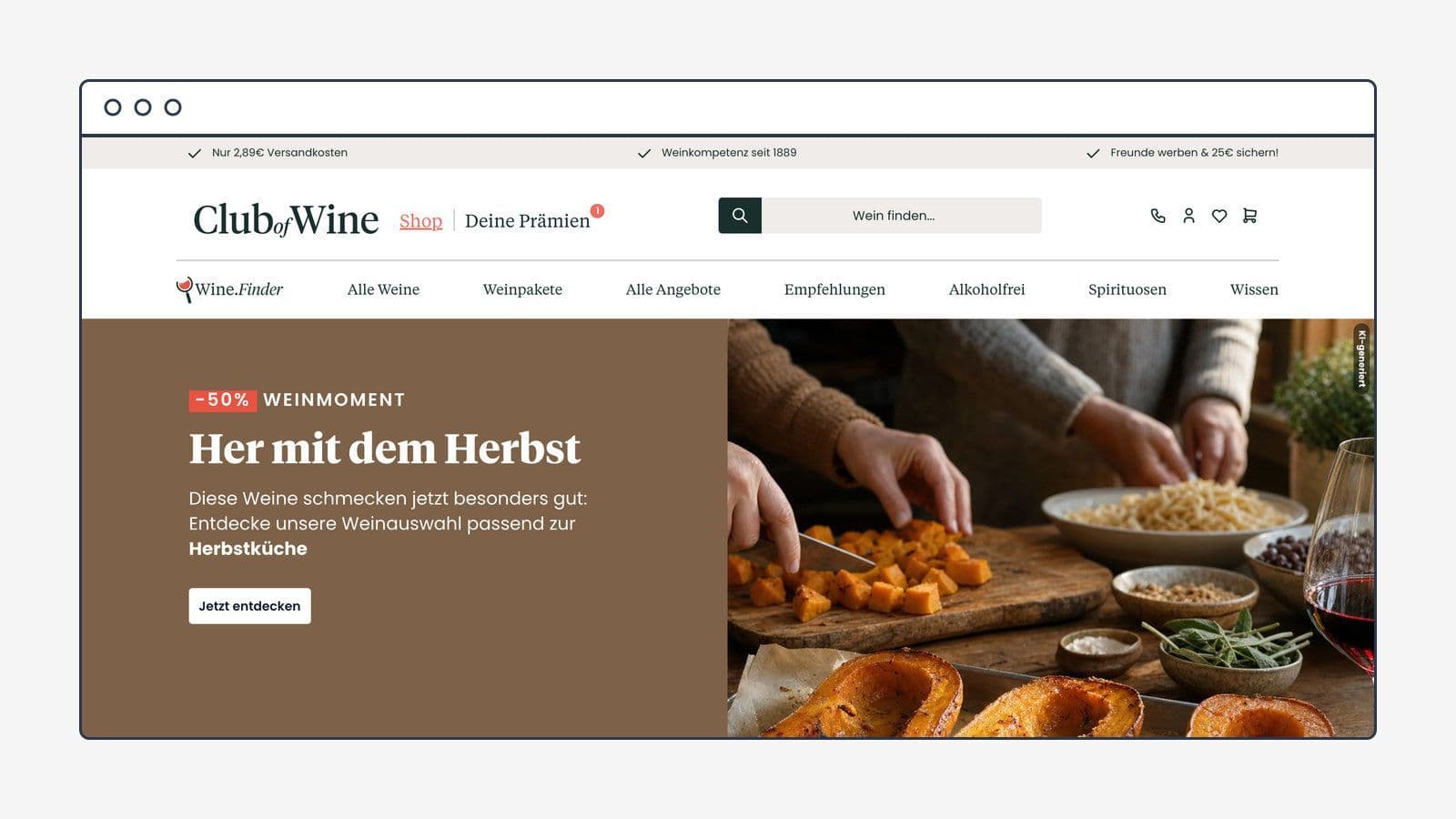 Startseite des Onlineshops Club of Wine im Browserfenster