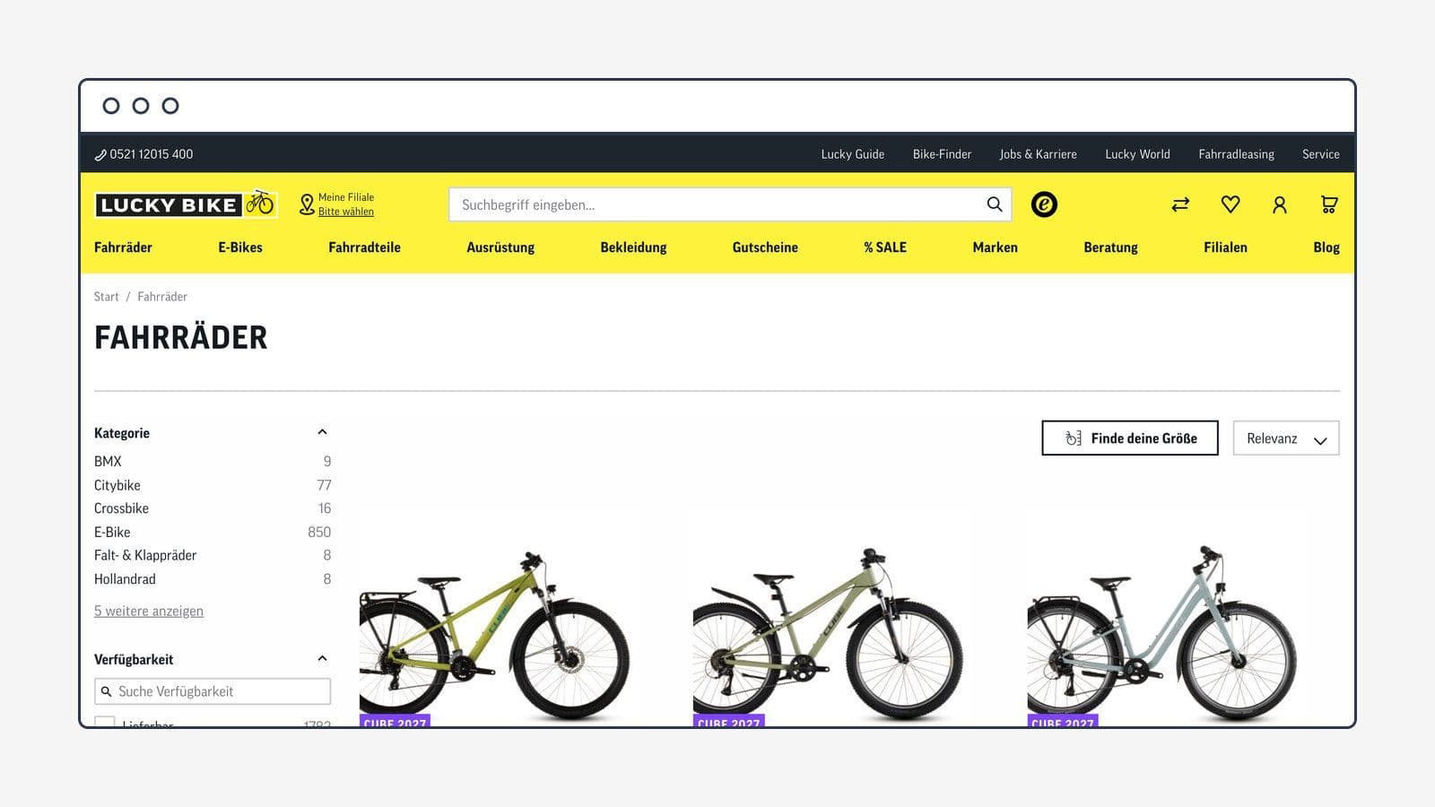 Fahrrad-Kategorieseite des Onlineshops Lucky Bike im Browserfenster